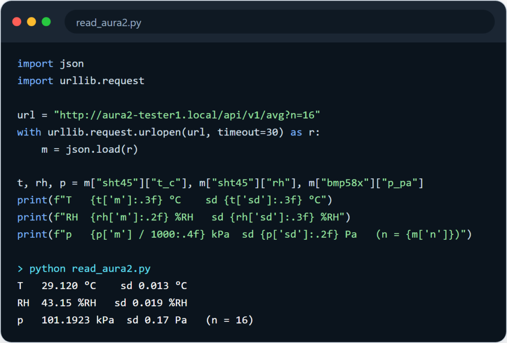 A short Python script that reads the Aura2 over Wi-Fi, with its output